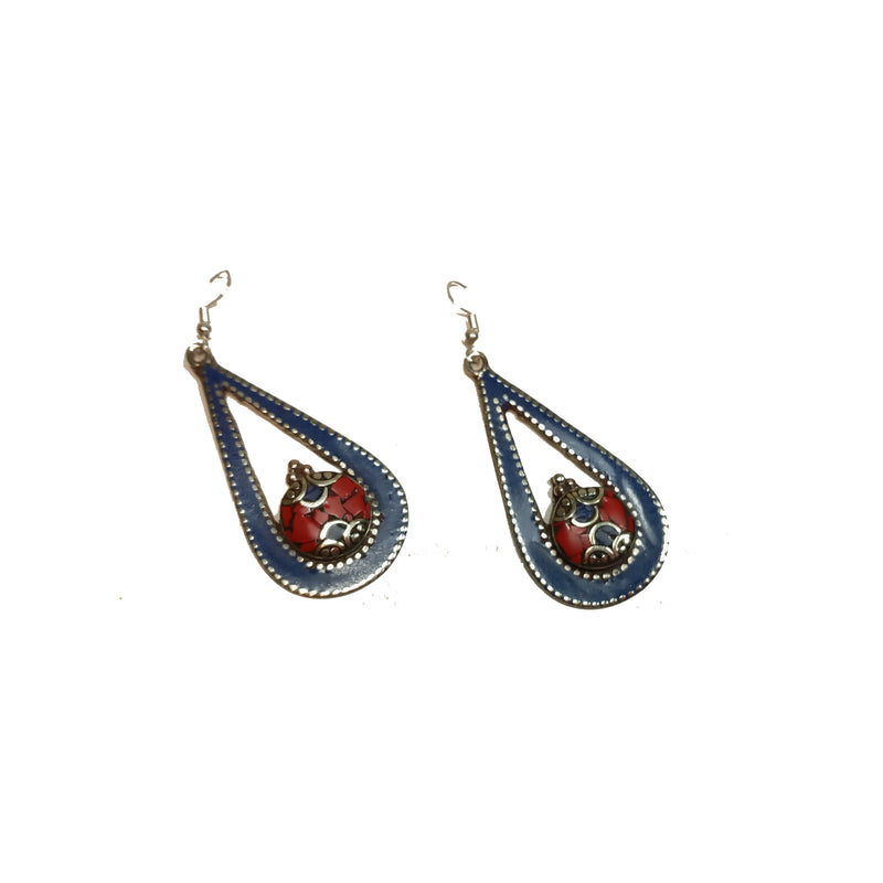 Earrings -  Blue, Red-stone, Triangular