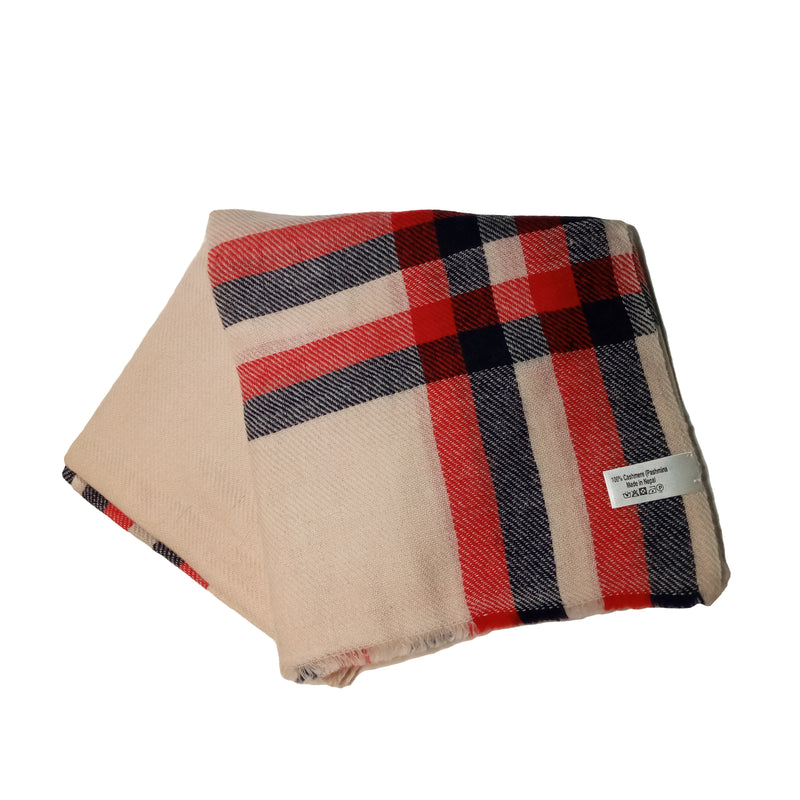 Cashmere Pashmina - Creamy with Red and Black Lines